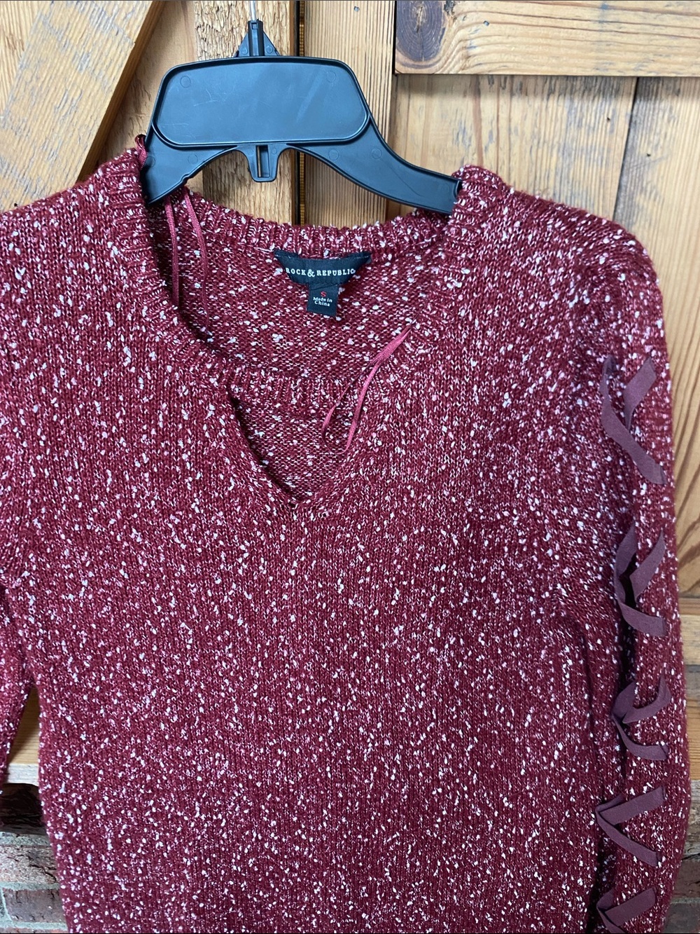 Rock & Republic Marled Wine Red Lace-Up Sleeve Sweater